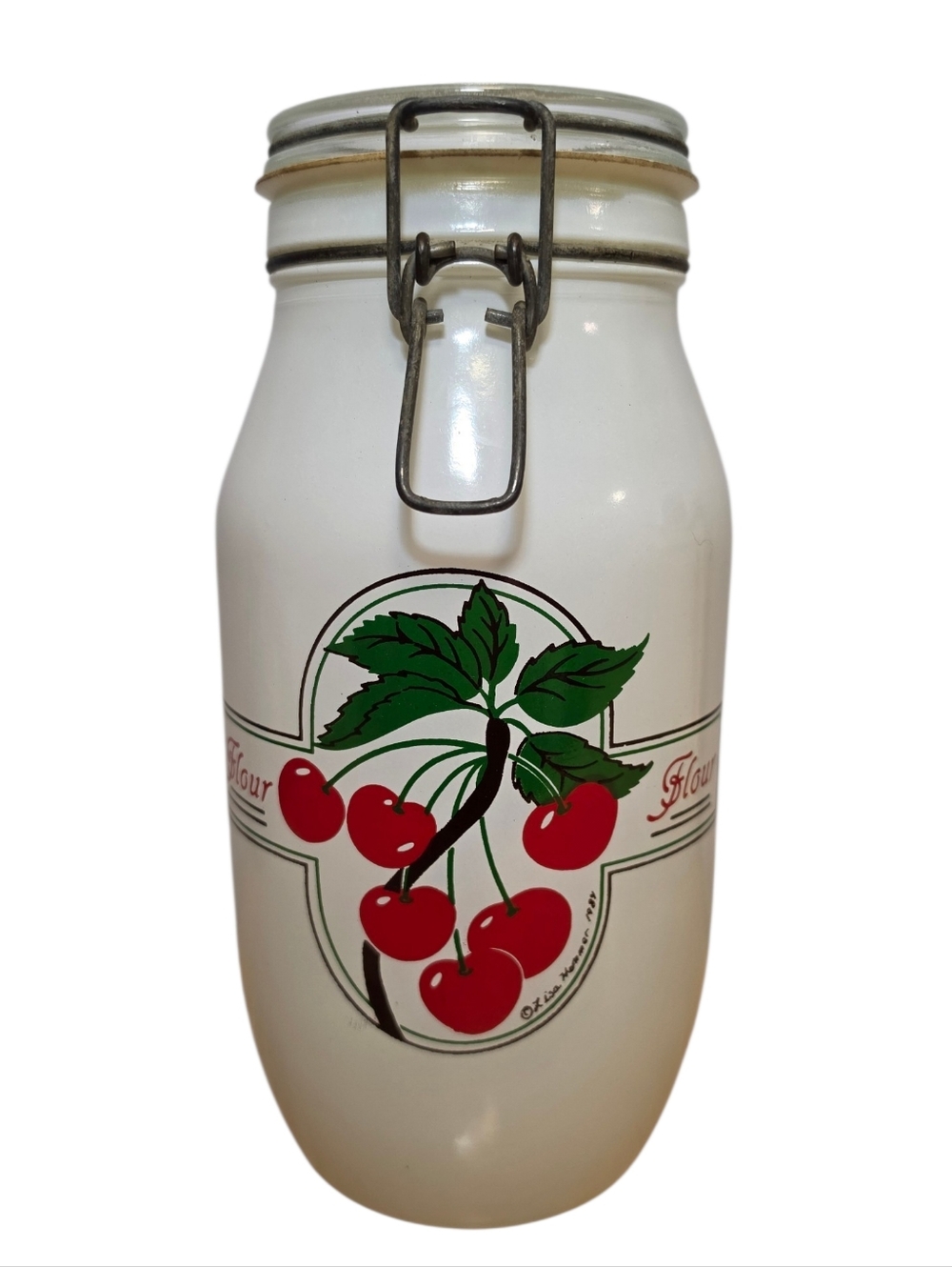 VTG 1984 Carlton Glass Ermetico Lisa Hemmer Cherries 2L Glass Flour Canister Jar